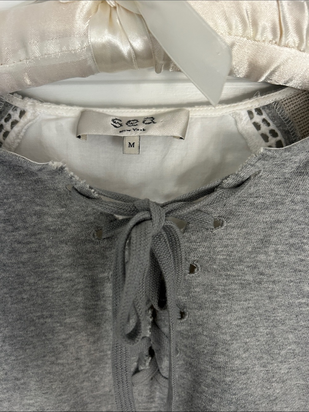 Sea Gray Lace-Up Short Sleeve Sweatshirt with Cream Cuff Detail - Picture 2 of 3